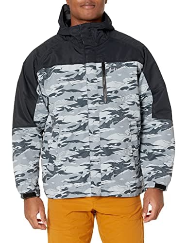 HUK Mens Grand Banks Jacket, Waterproof Heavy Duty Rain Jacket, Tidal Map - Volcanic Ash, Large