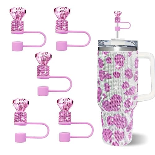 JIASHEBDE 5 Pcs Bling Diamond Straw Cover Set, Double Rhinestone Straw Topper for Stanley 30&40oz Tumblers, 0.4in Lid Accessories for 10 mm Straws (Hot Pink)