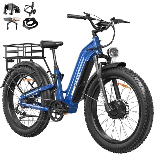 FREESKY Dual Motor Electric Bike for Adults 3500W Fast Ebike 105Miles Long Range 48V 25A Electric Mountain Bike 34MPH Dirt E Bike 26'' Fat Tire Full Suspension Electric Bicycle Women/Man Blue-Gift