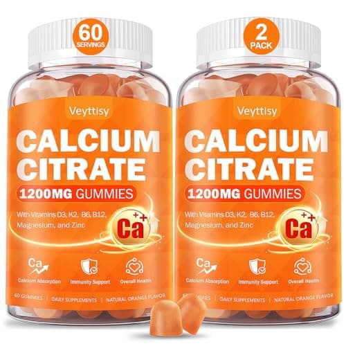 Calcium 1200 mg with Vitamin D3 Supplement for Adults - Calcium Gummies with 5000iu Vitamin D3, K2, B6, B12, Magnesium & Zinc - Calcium Supplement for Women Men - Easy to Digest, Vegan (2 pack)