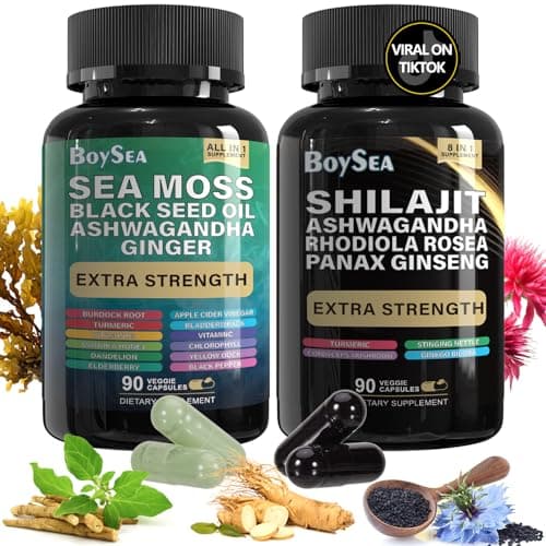 Boysea.Shilajit and Sea Moss Bundle - Sea Moss, Black Seed Oil, Ashwagandha, Ginger & Shilajit, Rhodiola Rosea, All in 1 Supplements - 180 Count