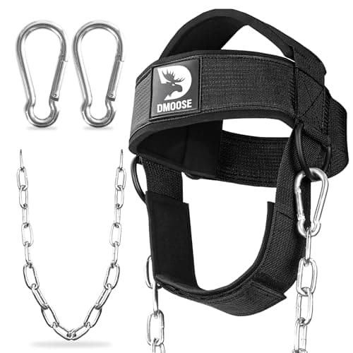 DMoose Fitness Neck Harness for Weight Lifting - Soft Padded Head & Chin Strap with 30" Heavy Duty Steel Chain - Neck Exerciser, Trainer & Strengthener to Support Injury Recovery (Black)