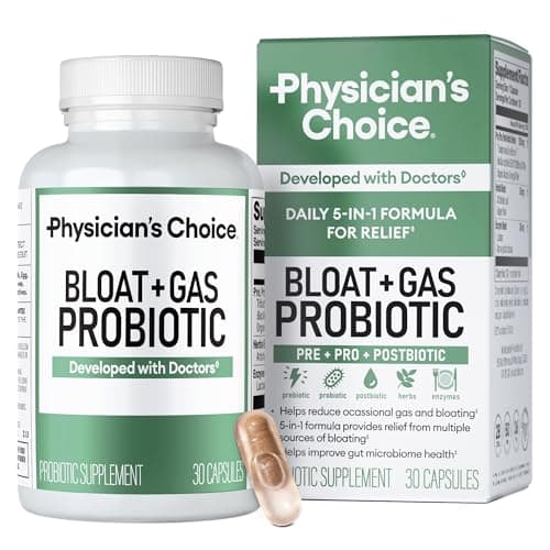 Physician's CHOICE Bloat & Gas Probiotic 5-in-1 Proactive Support + Daily Relief - Digestion & Gut Health- Herbals, Digestive Enzymes, Post & Prebiotics - Gas Relief for Adults - Women & Men - 30ct