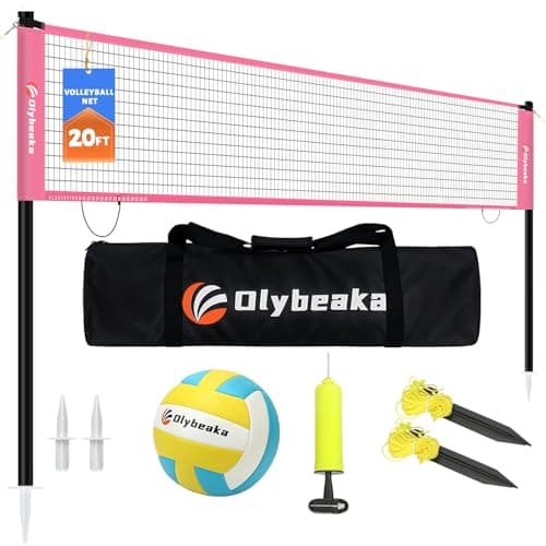 20FT Outdoor Volleyball Net Set System for Backyard Beach with Anti-Sagging Net, Iron Adjustable Height Poles, Soft PU Volleyball and Pump, Carry Bag - Instant Set Up & Durable (Pink)