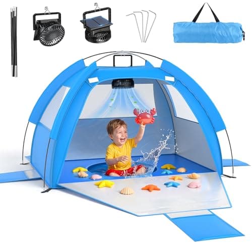 Dsquu Baby Beach Tent Solar Cooling Fan, Anti-UV Toddler Beach Tent Sun Shelter Portable Travel Fan Beach Shade Tent, Baby Play Tent Built-in Ceiling Fan Sun Shelters Toddler Beach Essentials Blue