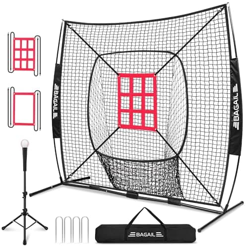 BAGAIL 7x7 ft Extra Large Baseball & Softball Training Net with Batting Tee, Heavy Duty Reinforced Steel Frame, Oversized Hitting Zone for All Levels, Portable Backstop with Carry Bag
