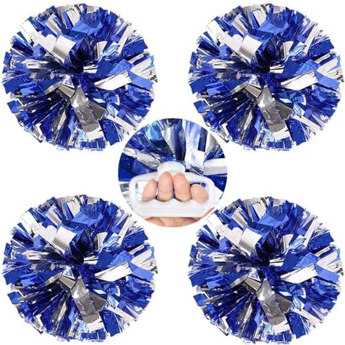 AUHOKY 4 Packs Metallic Cheerleading Cheer Pom Poms, Fluffy Cheerleader Pompoms with Finger-Friendly Ring, Cheering Pom poms for Squad Team Sports Game Dance Dress Party Kids Adults(Blue/Silver)