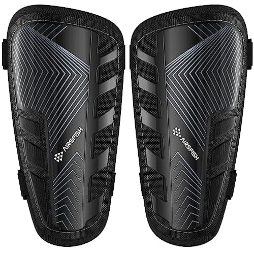 Upgraded Soccer Shin Guards Kids Youth, CE Certified AirsFish Shin Pads Protection Gear for 2-18 Years Old Boys Girls Teenagers EVA High Impact Resistant Breathable Comfortable 1 Pair Dark Black L