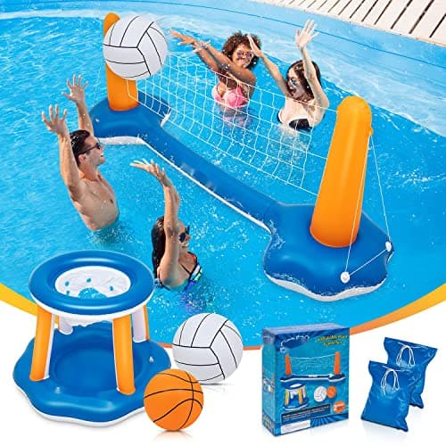 10.4' Larger Pool Volleyball Set & Basketball Hoop - 2026 NEW Pool Volleyball Net for Inground Pools Includes 2 Balls & 2 Weight Bags, Pool Toys Games for Adults and Family Party - Idea Summer Gift