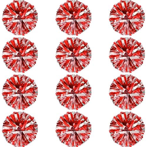 12 Pcs Cheerleading Pom Poms Bulk, Plastic Metallic Foil Cheer Hand Flowers, Cheerlead Pompoms for Sports Team Ball Game, 12 Inch (Red/Sliver)