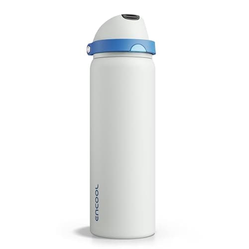 Insulated Water Bottle with Straw - Encool Stainless Steel Water Bottle with Push Button Lid, Leak-Proof & BPA-Free, Keeps Cold for 24 Hours for Sports, Travel, Gym (32 oz, Quill Grey-Blue)
