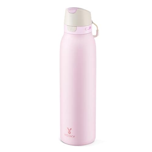 Meoky 24 oz Stainless Steel Slim Water Bottle: Leak Proof Locking Lid, 2-in-1 Straw and Spout, 24 Hours Cold, Top Handle, Fits in Car Cup Holder, Insulated Water Bottle for Backpack, Blush