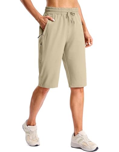 SANTINY Women's 13" Long Hiking Shorts with Zipper Pocket Lightweight Quick Dry Knee Length Bermuda Shorts for Women (Light Khaki_XXL)