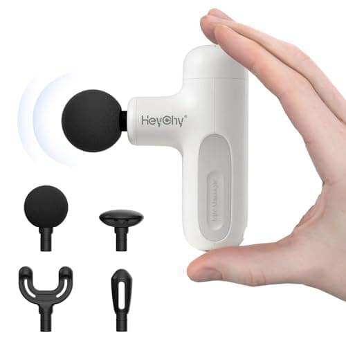 HEYCHY Super Mini Massage Gun Deep Tissue, Handheld Muscle Massager with 4 Heads, Percussion Travel Size Massager Gun FSA Eligible for Men Women Back Relief, Quiet for Home, Gym, Office, HSA, White