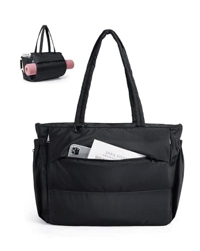 BAGSMART Yoga Mat Bag for Women, 22L Puffer Pilates Bag for 40oz Tumbler, Gym Bag for Yoga Travel College, Black