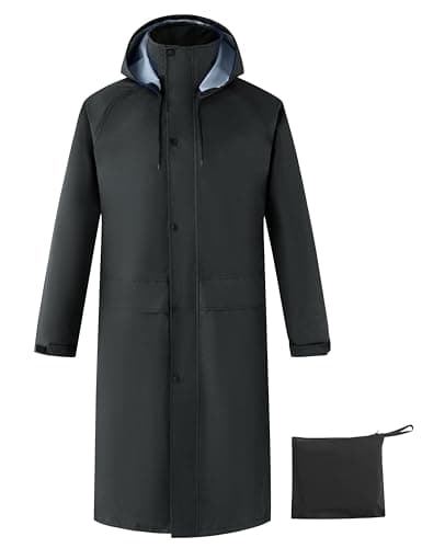 Ubon Mens Long Rain Coat Waterproof with Hood, Lightweight Rain Jacket Spring Windbreaker for Travel and Hiking, Black Small