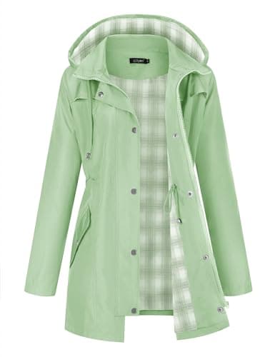 LOMON Women Rain Jacket Lightweight Hooded Jackets Women Lined Trench Coats Waterproof Outdoor Hiking Raincoat Green L(Big Plaid Lining)