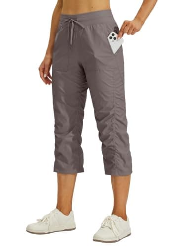 Willit Women's Quick-Dry Capris Travel Pants Lightweight Striped Woven Hiking Workout Casual Pants with Pockets Light Brown M