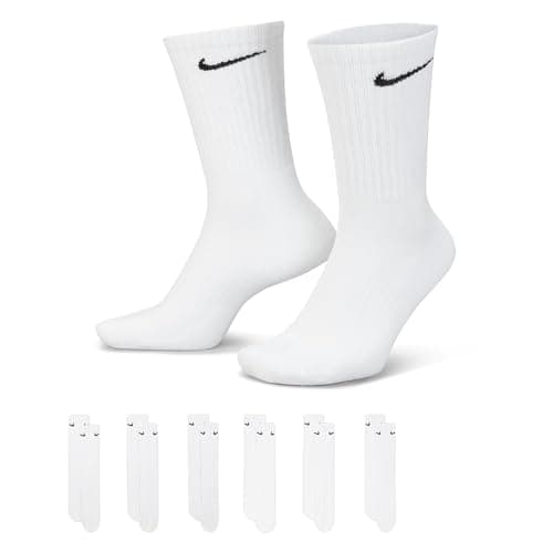 Nike Unisex Everyday Cushioned Training Crew Socks (6 Pairs), White/Black, Large