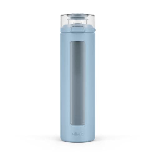 Ello Syndicate 20oz Reusable Glass Water Bottle with One-Touch Leak Proof Flip Lid, Protective Non-Slip Silicone Sleeve, Carry Loop for Coffee, Tea and Water, BPA-free, Dishwasher Safe, Tech Blue