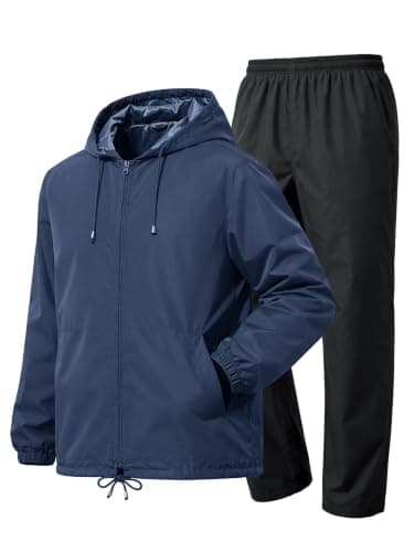 UIQUR Mens Rain Suit Waterproof Rain Jacket with Rain Pants 2 Pieces Lightweight Packable Raincoat with Hood Running Cycling Navy Blue M