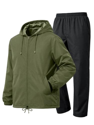 UIQUR Mens Rain Suit Waterproof Rain Jacket with Rain Pants 2 Pieces Lightweight Packable Raincoat with Hood Running Cycling Army Green S
