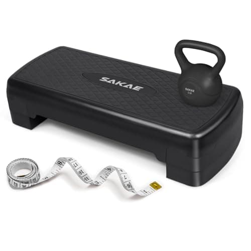 Black Exercise Step Platform Set with Kettlebell & Measuring Tape, Adjustable Height 2 Level Risers Workout Step Trainer, Aerobic Steppers for Home Gym Exercise Fitness Workout