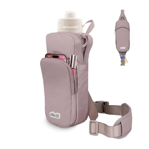 Ello Crossbody Sling Water Bottle Bag | Fits 24oz Bottles Zipped | Hands-Free Carrier with Pockets, Adjustable Strap, Drawstring Fastener | Machine Washable | Latte