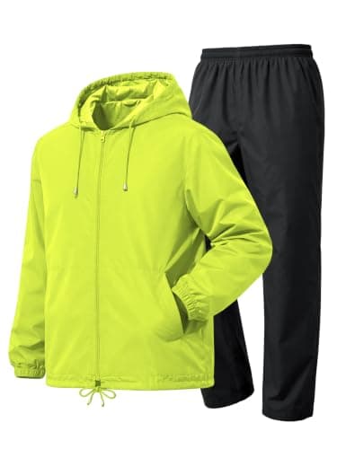 UIQUR Mens Rain Suit Waterproof Rain Jacket with Rain Pants 2 Pieces Lightweight Packable Raincoat with Hood Running Cycling Fluorescent Green L