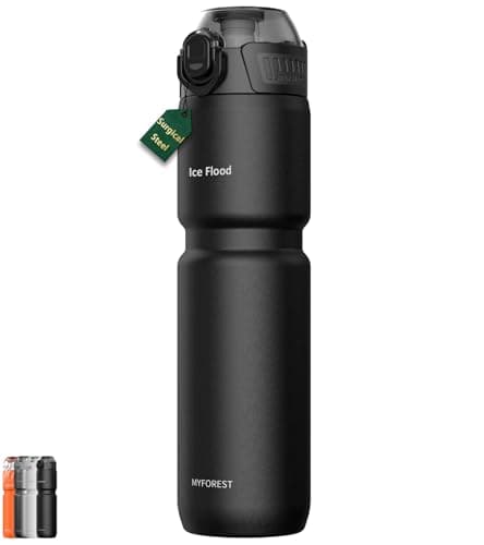 MYFOREST 24oz/700ml Insulated Bike Water Bottle, Odor-Free Surgical Steel Liner, Stronger Grip for Rough Trails, Quick-Open Chug/Straw 2-in-1, Dirt Cap (Matte Black)