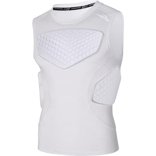 COOLOMG Mens Padded Football Shirt Rib Chest Protector Compression Undershirt Rugby Lacrosse Back Protection White S