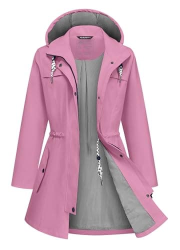 ATLASLAVA Rain Jacket Women Waterproof Long Lightweight Raincoat Hooded Windbreaker Outdoor Trench Coat LIGHT PINK 3XL