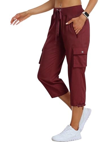 MoFiz Women's Cargo Capris Hiking Pants Lightweight Quick Dry Outdoor Athletic Travel Casual Loose Comfy Cute Zipper Pockets Wine Red L