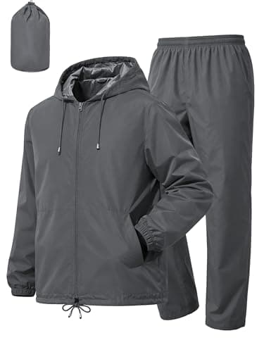 UIQUR Mens Rain Suit Waterproof Rain Jacket with Rain Pants 2 Pieces Lightweight Packable Raincoat with Hood Running Cycling Grey L