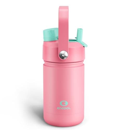 ENCOOL Kids Insulated Water Bottle with Straw - 12oz Stainless Steel Water Bottle with Dual Spouts, Leak-Proof, BPA-Free, Double Wall Vacuum Keeps Cold for 24 Hours for Sports, Travel, School (Tulip)