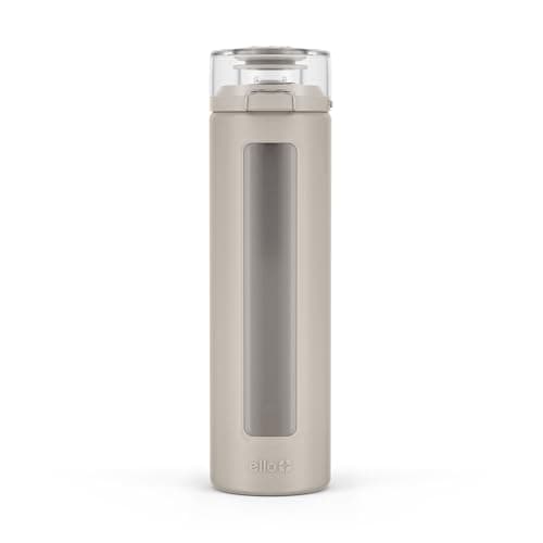 Ello Syndicate 20oz Reusable Glass Water Bottle with One-Touch Leak Proof Flip Lid, Protective Non-Slip Silicone Sleeve, Carry Loop for Coffee, Tea and Water, BPA-free, Dishwasher Safe, Sand