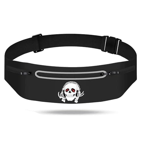 Music Skull Running Belts for Women and Men,Runner Waist fanny pack Wallet Holder,Waterproof Reflective phone holder,Cool Rock Skeleton Fitness Belt with 3 Zipper Pockets,Marathon Cycling Gear Gift