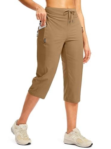 G Gradual Women's Capri Pants with 3 Zipper Pockets Lightweight Quick Dry Hiking Travel Capris Pants for Women Casual Summer(Dark Khaki,L)