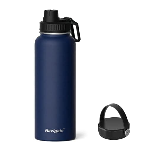 Navigate 40 oz Insulated Stainless Steel Sports Water Bottle with Spout & Handle Lids,Wide Mouth Water Jug with Double Walled Leak Proof Keep Cold for 24 Hrs Hot for 12 Hrs,Dark Blue