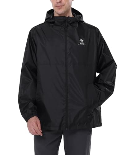 CAMEL CROWN Men's Rain Jacket Waterproof Lightweight Windproof Raincoat with Hood for Cycling Hiking Running Golf Black