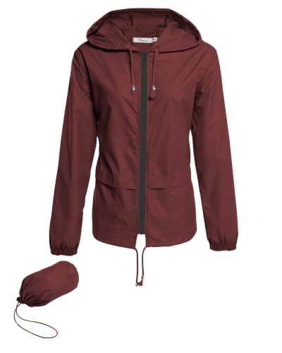 Hount Lightweight Rain Jackets for Women Packable Hooded Windbreaker Jackets Waterproof Rain Jackets (Burgundy,M)