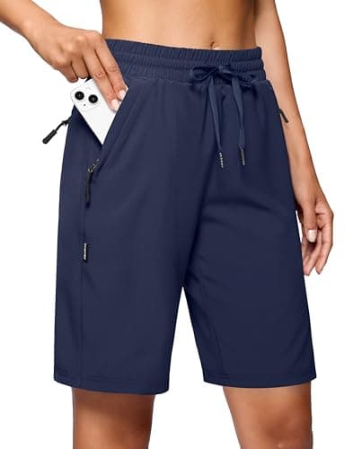 SANTINY Women's 7''/ 9'' Hiking Shorts with 3 Zipper Pockets Lightweight Quick Dry Long Athletic Golf Shorts for Women Casual(Navy_L)