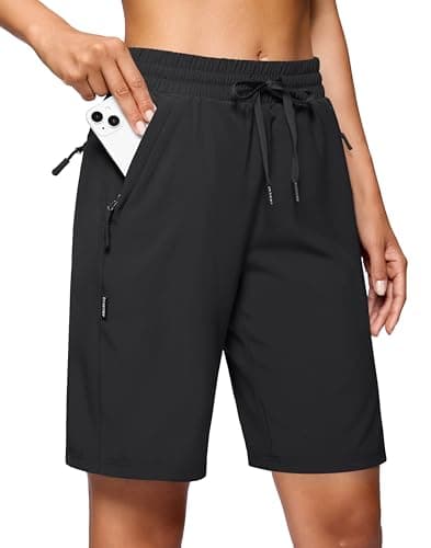 SANTINY Women's 7''/ 9'' Hiking Shorts with 3 Zipper Pockets Lightweight Quick Dry Long Athletic Golf Shorts for Women Casual(Black_XXL)