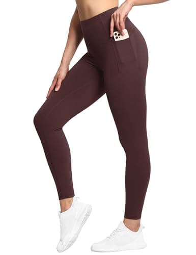 THE GYM PEOPLE Tummy Control Workout Leggings with Pockets High Waist Athletic Yoga Pants for Women Running, Fitness Dark Red
