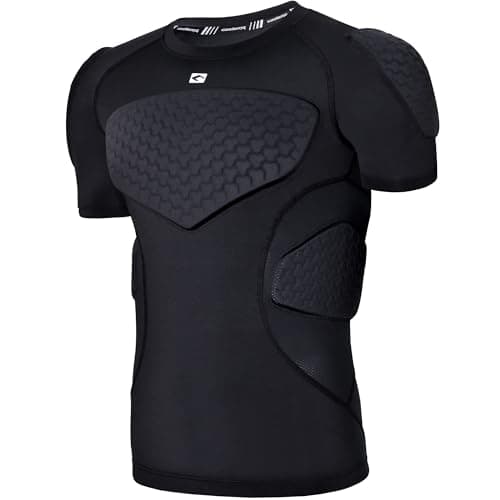 COOLOMG Mens Padded Compression Shirt Football Chest Rib Protector Football Undershirts Shoulder Back Protection Black M