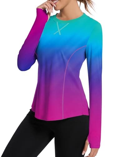 Avoogue Women's UPF 50+ Sun Protection Shirts Long Sleeve SPF Shirt with Tthumb Holes Rash Guard Swim Hiking Fishing Tops Lightweight Work Out Tops (Gradient Rainbow,L)