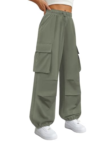 COPYLEAF Parachute Cargo Pants Women Elastic Waisted Quick Dry Lightweight Baggy Hiking Pants with Pockets Water Resistant(Light Green L)