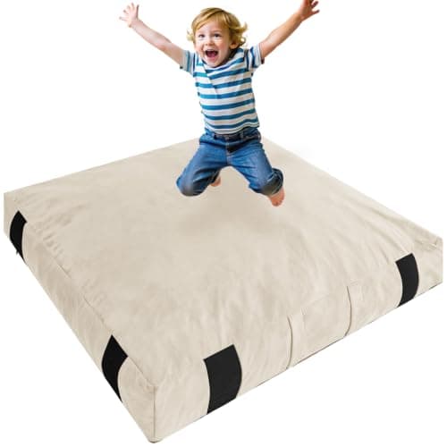 JOYWOO Crash Pad for Kids Sensory Room, Anti-Slip Sensory Crash Mat, Shredded Foam Sensory Crash Pad for Kids Gift, Soft Washable Cover, Gift for Children and Family Fun, 5 x 5 Ft, Beige