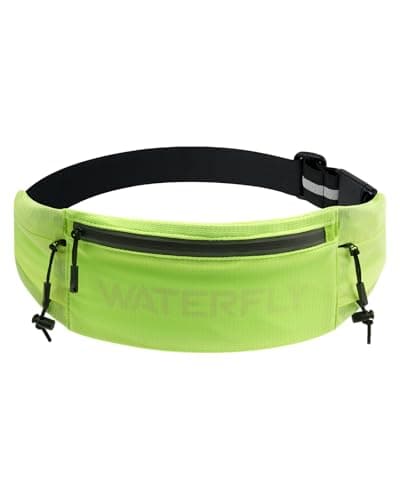 WATERFLY Running Belt Fanny Pack: Breathable 3 Pocket Waist Bag for Men Women Workout Exercise Fitness Phone Holder Fits All Phones - Runner Marathon Jogging Race Belt with Bib Clip Yellow