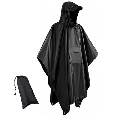 Waterproof Lightweigh Hooded Rain Poncho Raincoat Jacket for Men Women Rain Coat with Pocket Adult Outdoor Hiking (US, Alpha, One Size, Regular, Regular, Black)